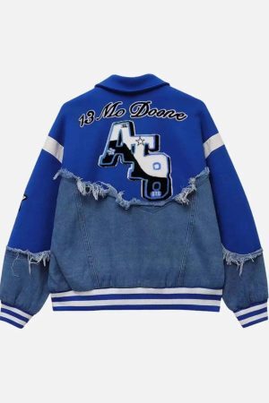Concert Outfit American High Street Denim Fabric Splicing Baseball Jacket
