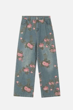 Concert Outfit American Hip-Hop Vintage Rose Jeans