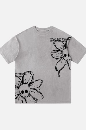 Concert Outfit American Retro Creative Skull Flower T-Shirt