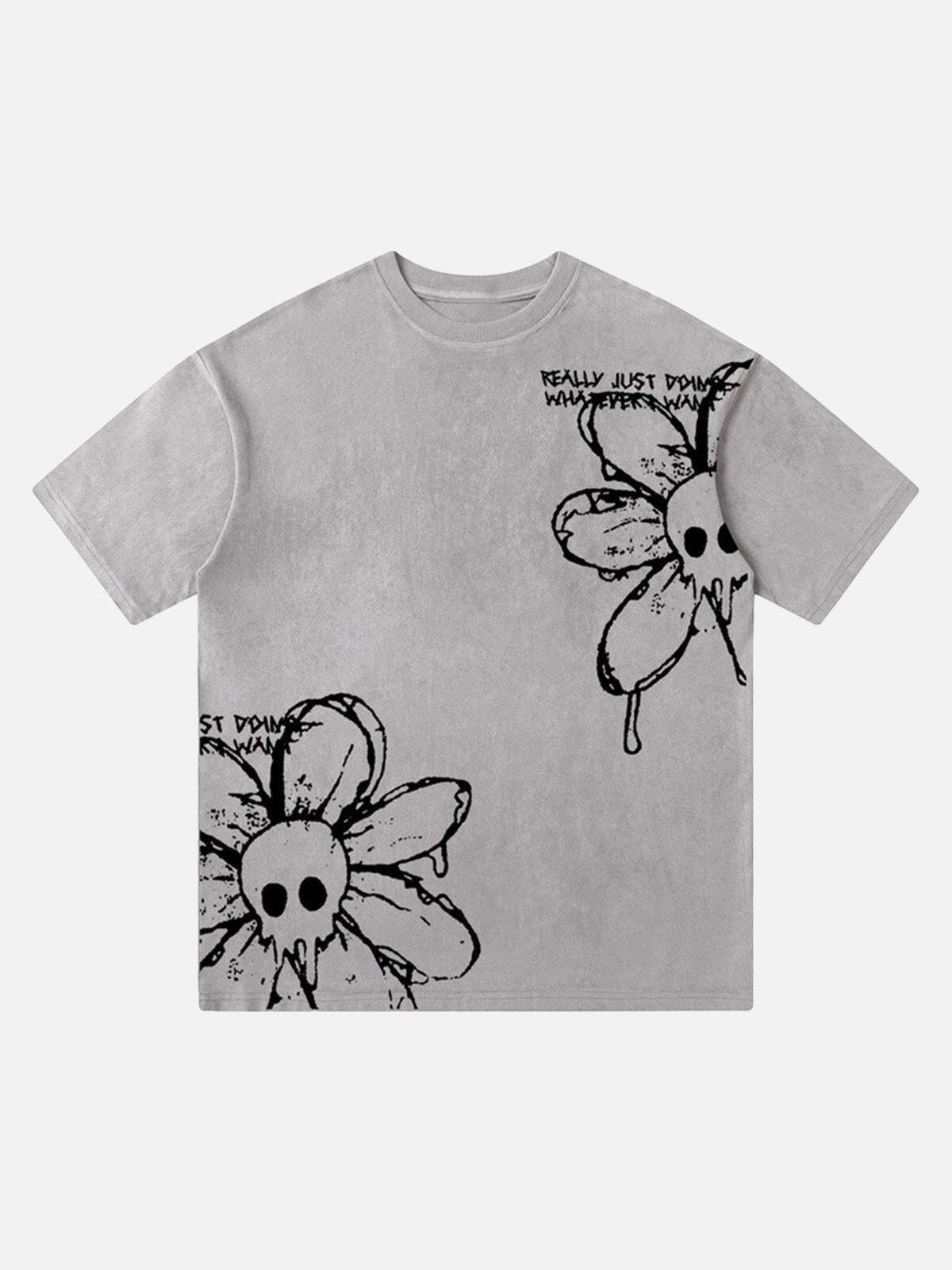 Concert Outfit American Retro Creative Skull Flower T-Shirt Concert Outfit American Retro Creative Skull Flower T-Shirt