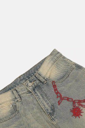 Concert Outfit American Retro Hip-Hop Chain Embroidery Jeans