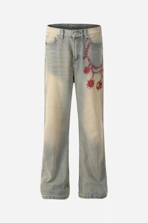 Concert Outfit American Retro Hip-Hop Chain Embroidery Jeans