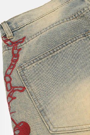 Concert Outfit American Retro Hip-Hop Chain Embroidery Jeans