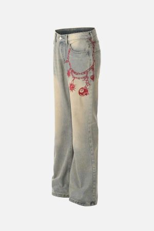 Concert Outfit American Retro Hip-Hop Chain Embroidery Jeans