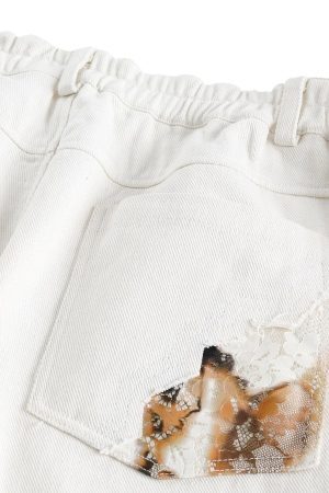 Concert Outfit American Retro Lace Patchwork Jeans