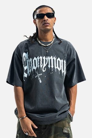 Concert Outfit American Street Heavy Washed Distressed Gothic Cross T-Shirt