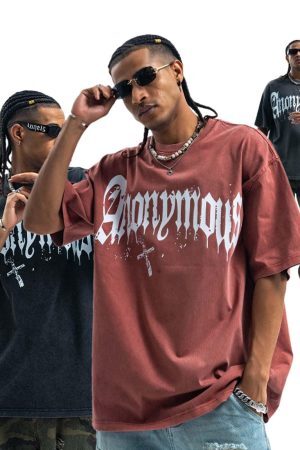 Concert Outfit American Street Heavy Washed Distressed Gothic Cross T-Shirt