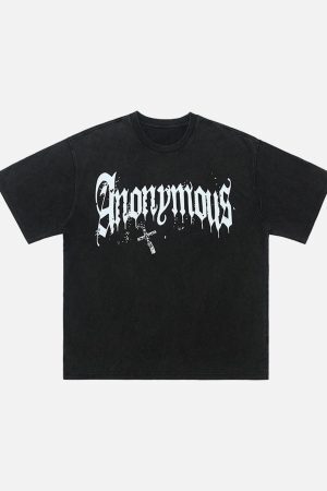 Concert Outfit American Street Heavy Washed Distressed Gothic Cross T-Shirt