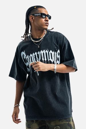 Concert Outfit American Street Heavy Washed Distressed Gothic Cross T-Shirt