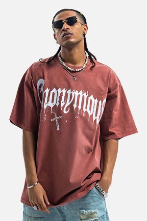 Concert Outfit American Street Heavy Washed Distressed Gothic Cross T-Shirt