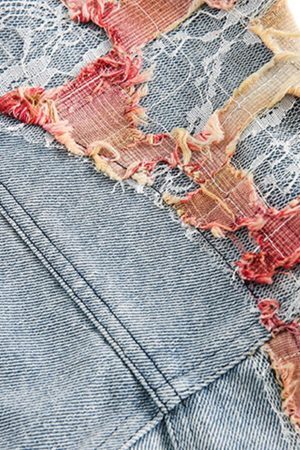 Concert Outfit American Street Style Lace Patchwork Denim Jacket