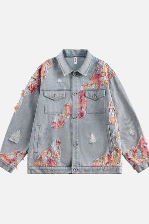 Concert Outfit American Street Style Lace Patchwork Denim Jacket