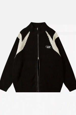 Concert Outfit American Style Color Blocking Zipper Cardigan