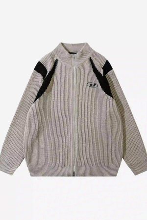 Concert Outfit American Style Color Blocking Zipper Cardigan