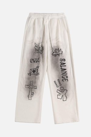 Concert Outfit American Style Spray Painted Letters Washed Casual Sweatpants