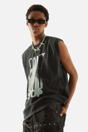 Concert Outfit Art Letter Washed Distressed Vest