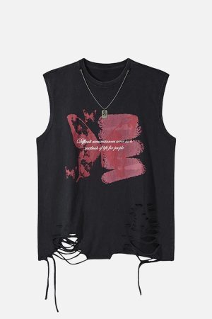 Concert Outfit Asymmetric Distressed Graffiti Chain Vest