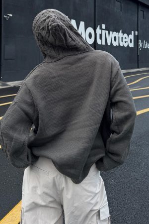 Concert Outfit Asymmetric Irregular Knitted Sweater Hoodie