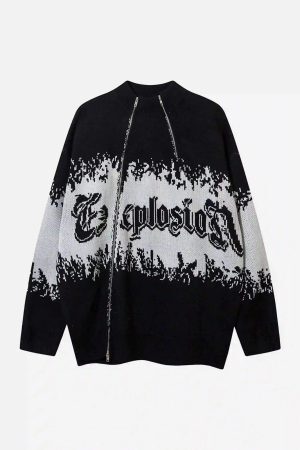 Concert Outfit Asymmetric Jacquard Stitching With Two-Way Zipper Sweater