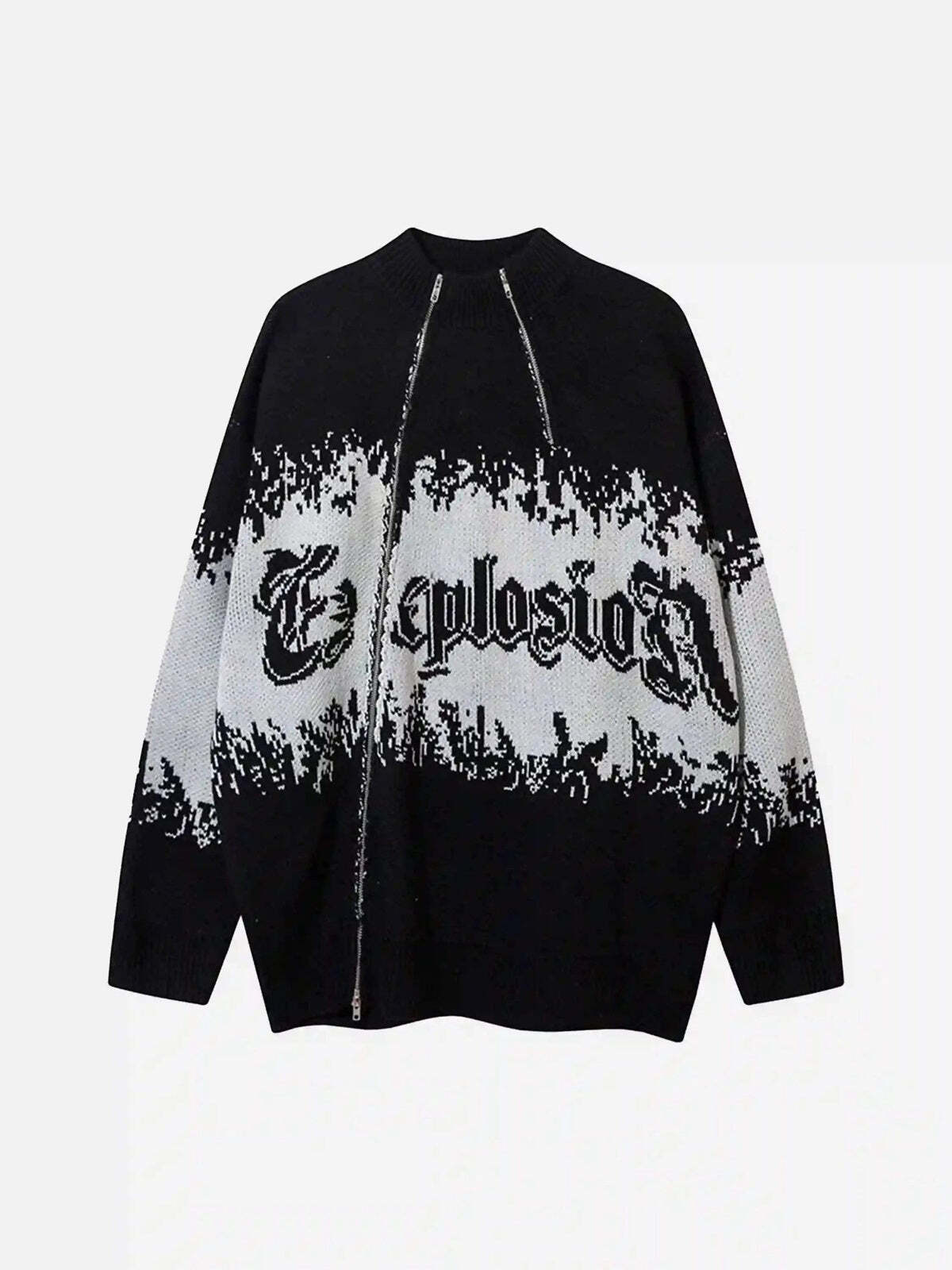 Concert Outfit Asymmetric Jacquard Stitching With Two-Way Zipper Sweater Concert Outfit Asymmetric Jacquard Stitching With Two-Way Zipper Sweater