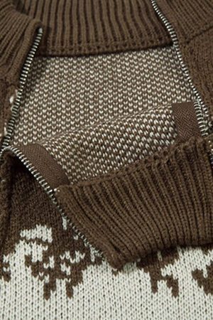 Concert Outfit Asymmetric Jacquard Stitching With Two-Way Zipper Sweater