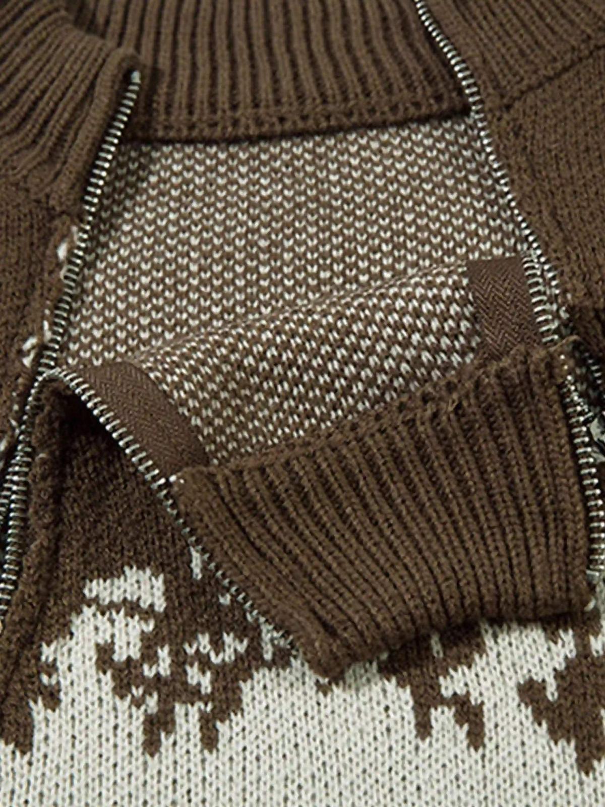 Concert Outfit Asymmetric Jacquard Stitching With Two-Way Zipper Sweater Concert Outfit Asymmetric Jacquard Stitching With Two-Way Zipper Sweater