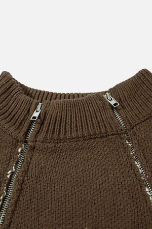 Concert Outfit Asymmetric Jacquard Stitching With Two-Way Zipper Sweater