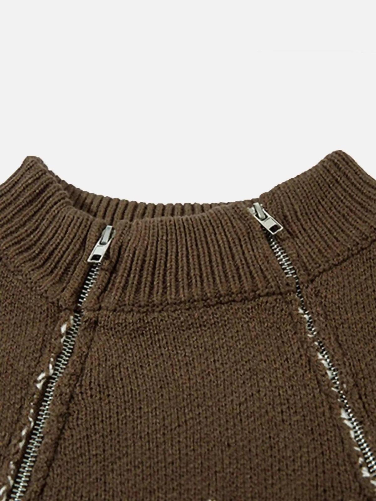 Concert Outfit Asymmetric Jacquard Stitching With Two-Way Zipper Sweater Concert Outfit Asymmetric Jacquard Stitching With Two-Way Zipper Sweater