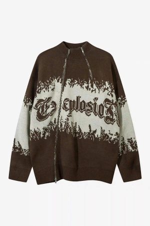 Concert Outfit Asymmetric Jacquard Stitching With Two-Way Zipper Sweater