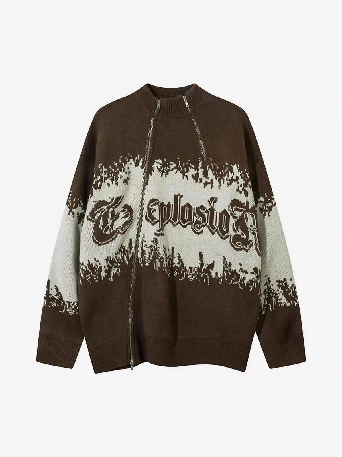 Concert Outfit Asymmetric Jacquard Stitching With Two-Way Zipper Sweater Concert Outfit Asymmetric Jacquard Stitching With Two-Way Zipper Sweater