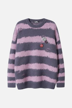 Concert Outfit Badge Striped Ripped Sweater