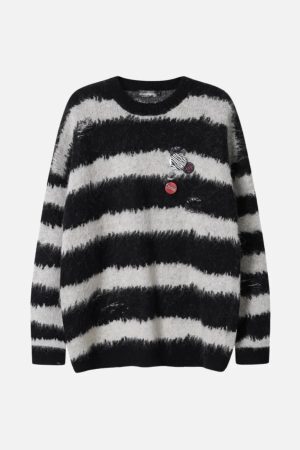Concert Outfit Badge Striped Ripped Sweater