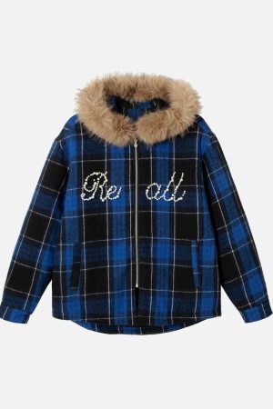 Concert Outfit Beaded Fur Collar Padded Plaid Jacket