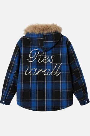 Concert Outfit Beaded Fur Collar Padded Plaid Jacket