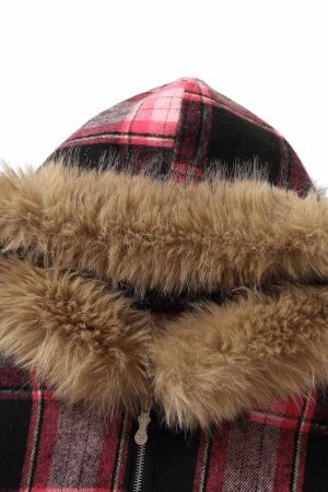 Concert Outfit Beaded Fur Collar Padded Plaid Jacket