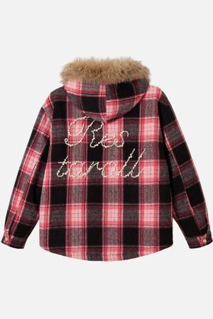 Concert Outfit Beaded Fur Collar Padded Plaid Jacket