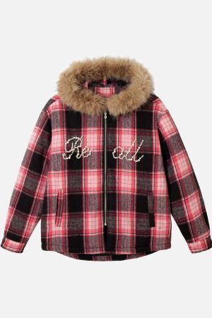 Concert Outfit Beaded Fur Collar Padded Plaid Jacket