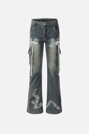 Concert Outfit Bow Multi Pocket Washed Jeans