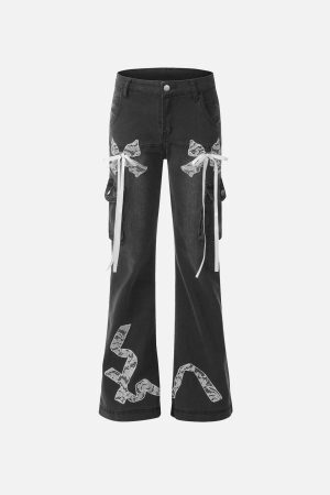 Concert Outfit Bow Multi Pocket Washed Jeans