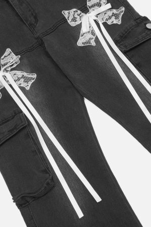 Concert Outfit Bow Multi Pocket Washed Jeans