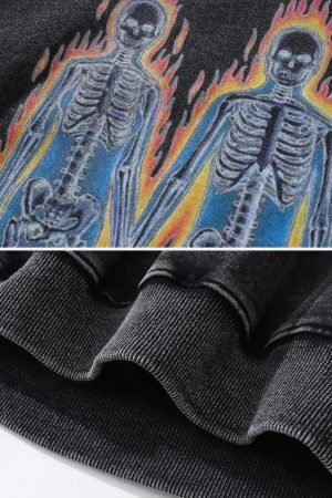 Concert Outfit Burning Retro Skull Skeleton Graphic Hoodie