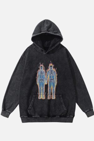 Concert Outfit Burning Retro Skull Skeleton Graphic Hoodie
