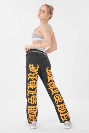 Concert Outfit Burning Text Embroidered Letters Jeans