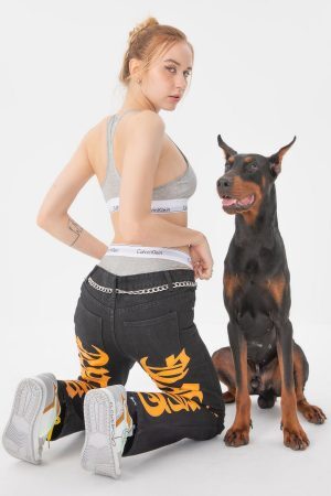 Concert Outfit Burning Text Embroidered Letters Jeans