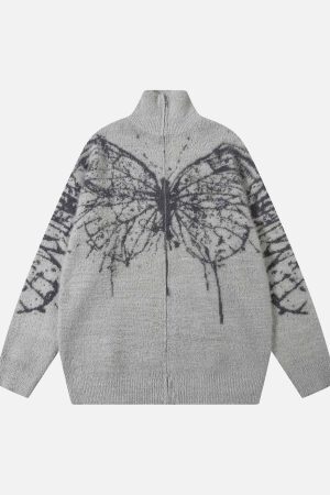 Concert Outfit Butterfly Jacquard  Knit Mock Neck Sweater