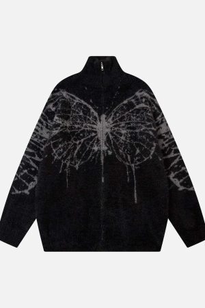 Concert Outfit Butterfly Jacquard  Knit Mock Neck Sweater