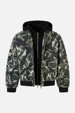 Concert Outfit Camouflage Faux Two-Piece Hooded Bomber Jacket