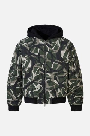 Concert Outfit Camouflage Faux Two-Piece Hooded Bomber Jacket