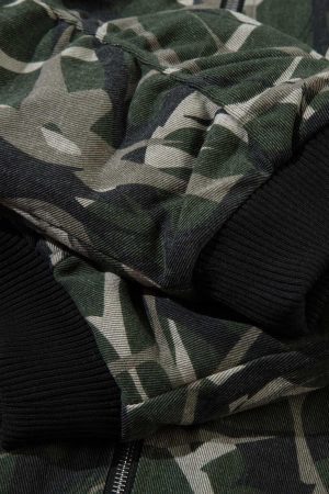 Concert Outfit Camouflage Faux Two-Piece Hooded Bomber Jacket