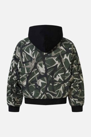 Concert Outfit Camouflage Faux Two-Piece Hooded Bomber Jacket